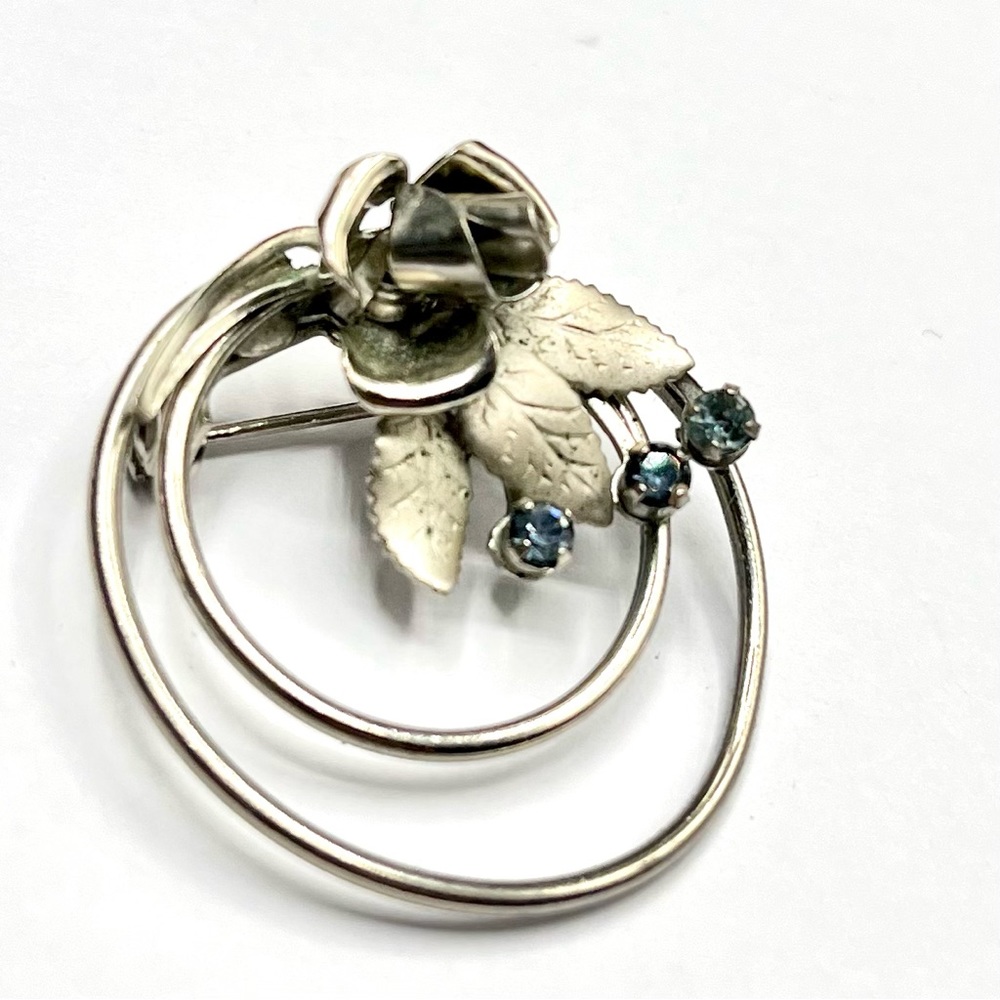 Vintage Silver Tone Brooch Blue Rhinestones